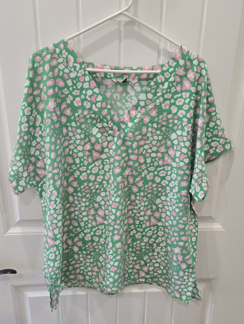 V-Neck Green Tunic Top with Pink Spot Print
